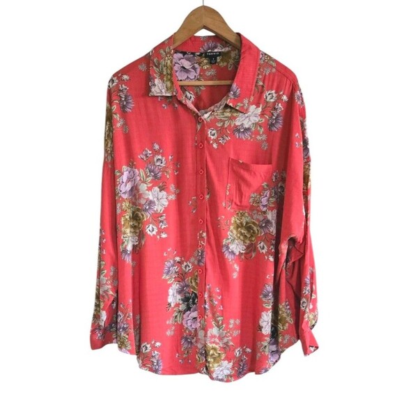 Torrid  Floral Print Blouse Women's 1X  Pink Button Front Roll Tab Sleeves - Picture 1 of 7